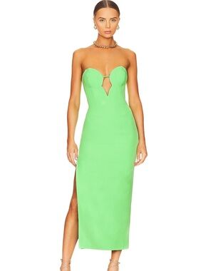 Bardot Lime Green Strapless Midi Dress with Front Cutout